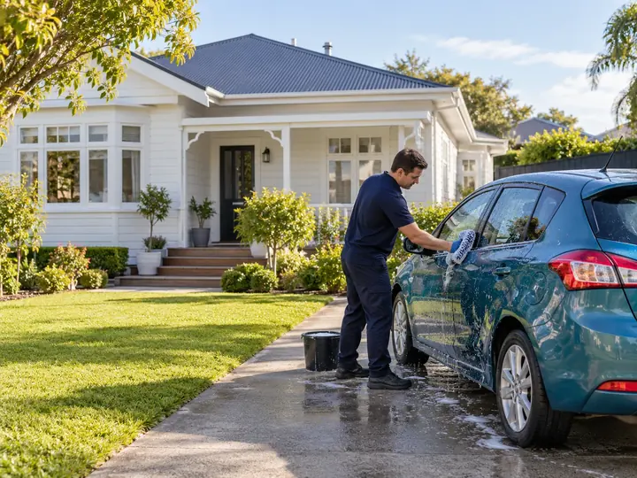A mobile car detailer washing a car outside a home.