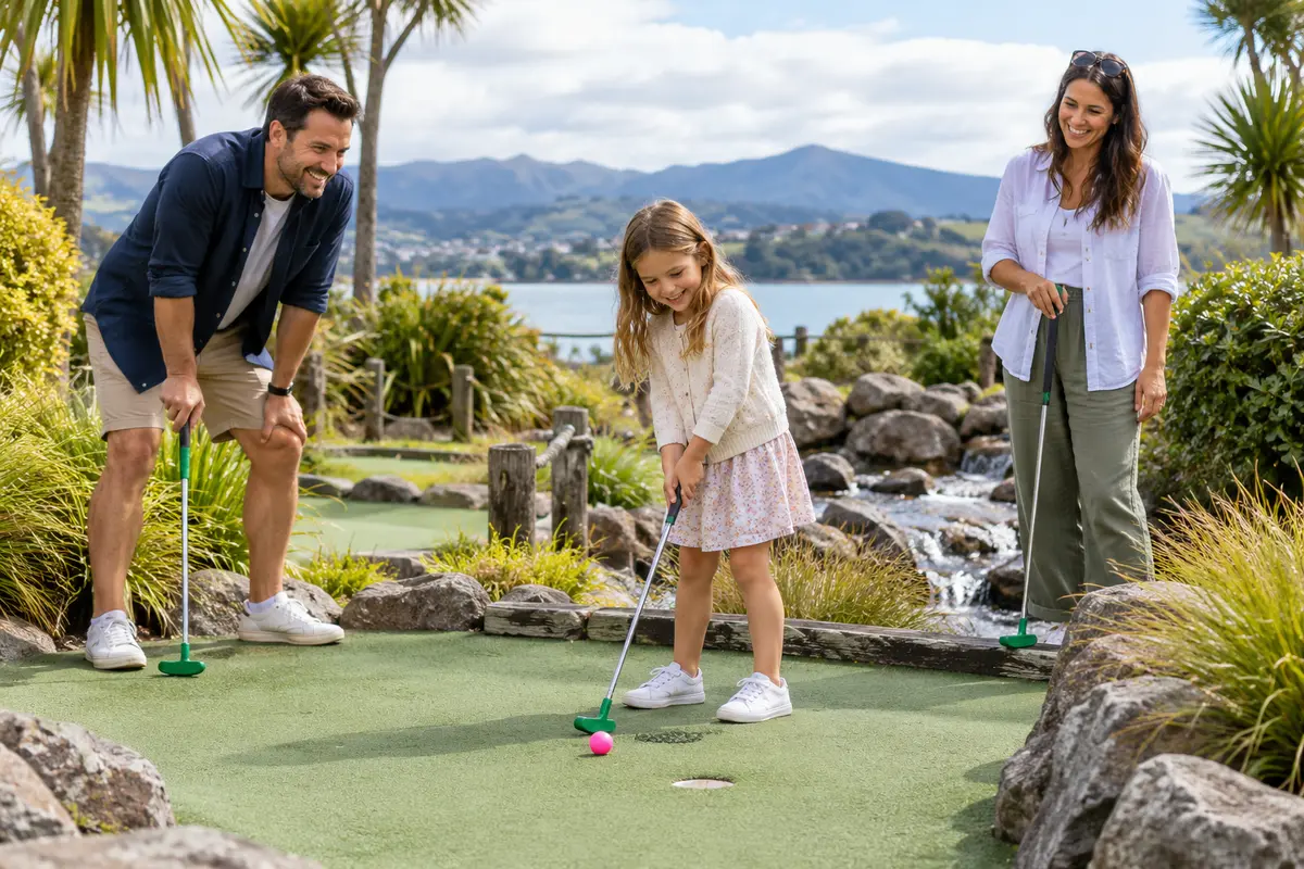 A family playing mini golf together