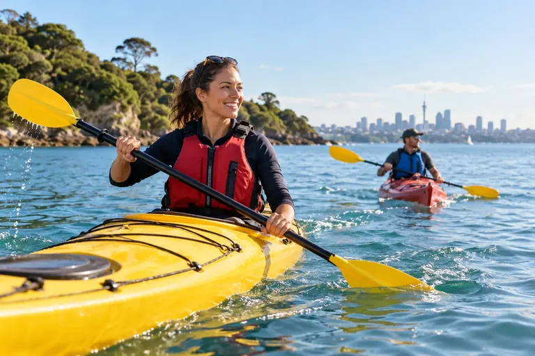 Kayakers paddling on calm coastal water