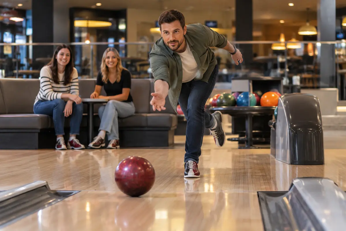 Friends enjoying an indoor bowling activity