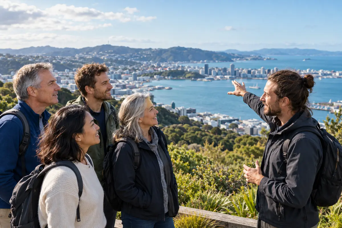 A guide showing a harbour viewpoint to visitors