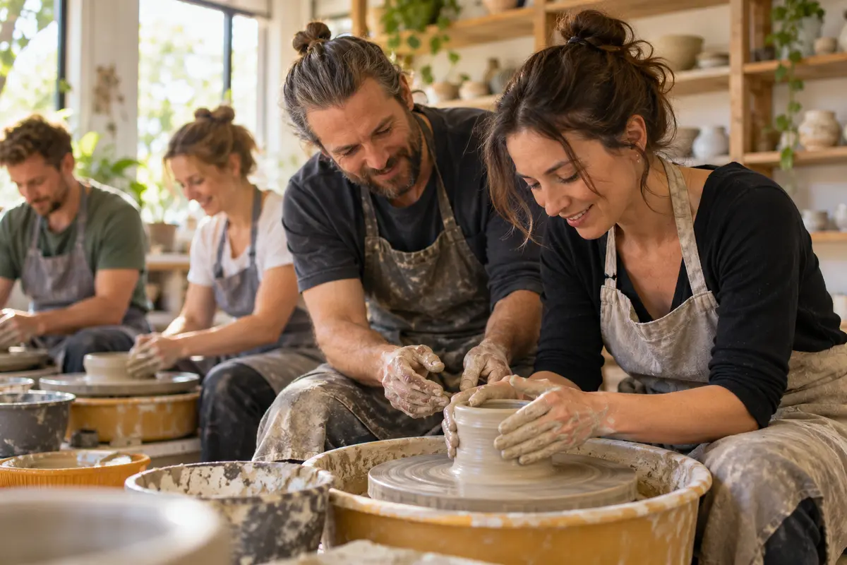 Adults learning pottery in a creative workshop
