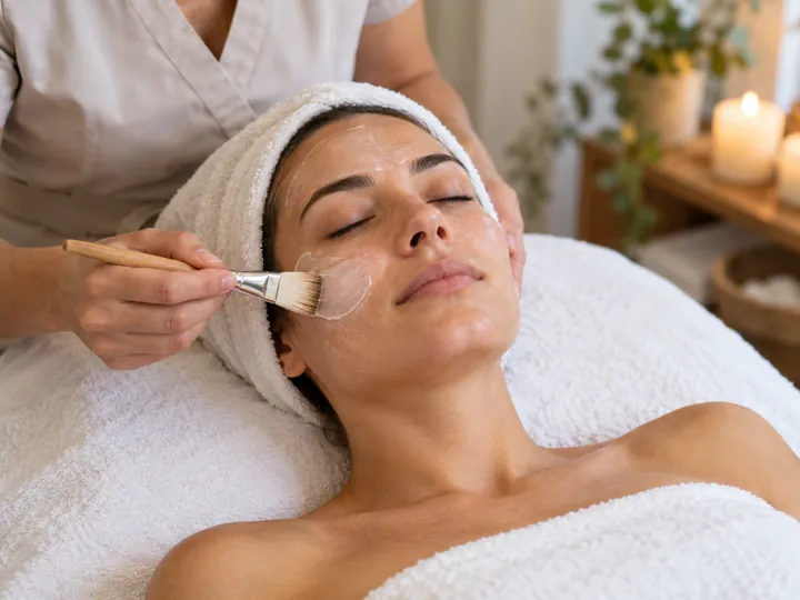 Beauty therapist giving a client a facial treatment in a calm spa room
