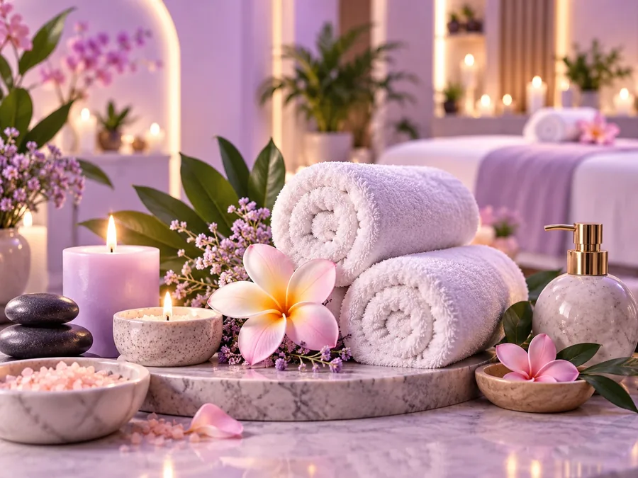 Spa towels, candles and flowers in a relaxing treatment room