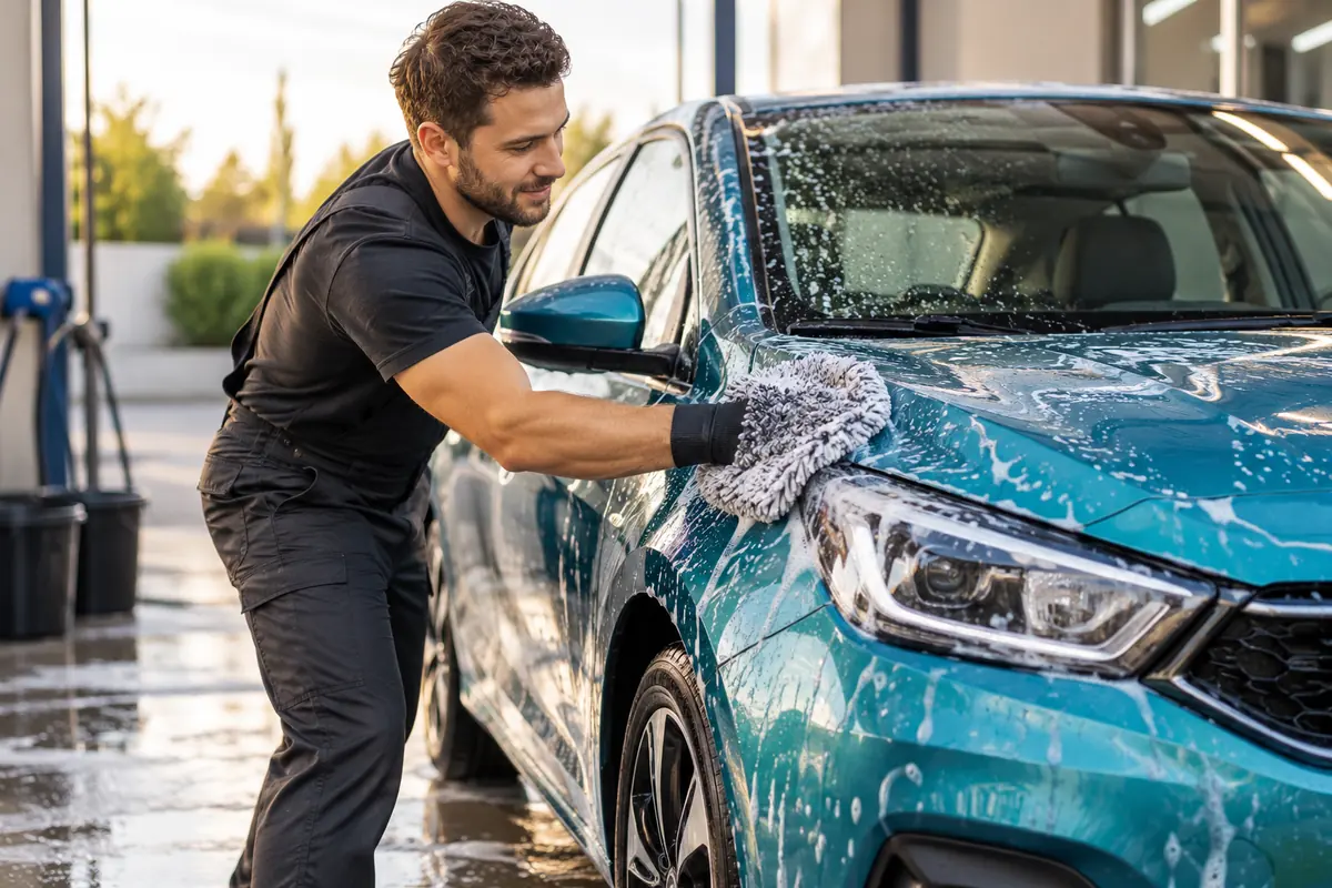 A detailer washing a car by hand