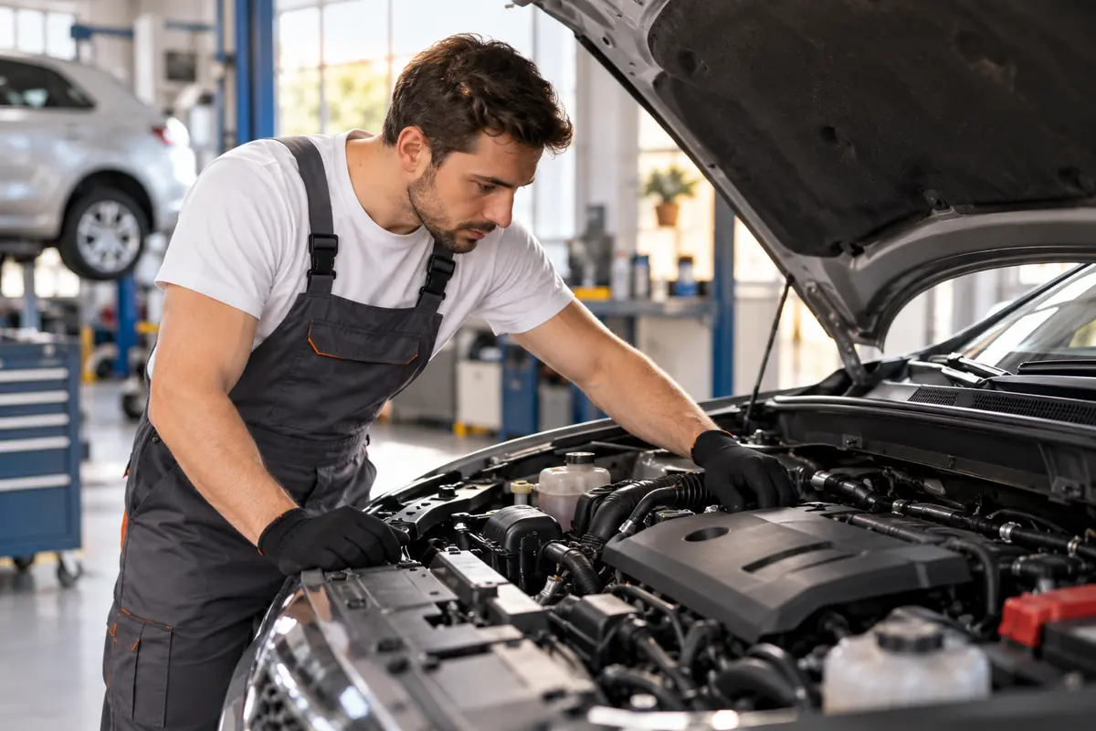 A mechanic working in a car's engine bay