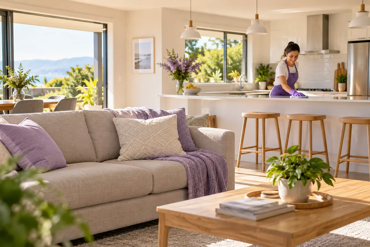 A cleaner at work in a bright living room