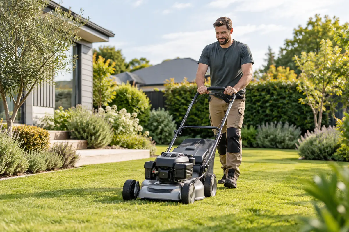 A lawn mower on a freshly cut lawn in a garden