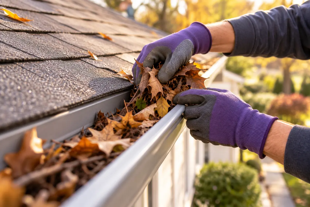 A tradesperson with gloved hands cleaning a roof gutter