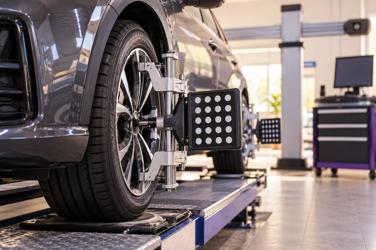 A technician fitting a car wheel